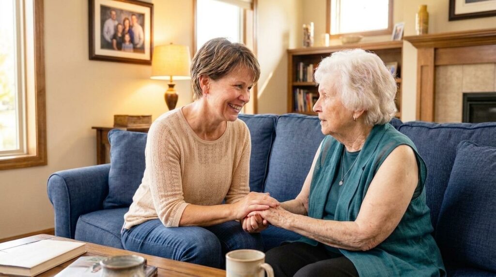 Adult child and aging parent sit together, sharing a heartfelt conversation about future care and support.