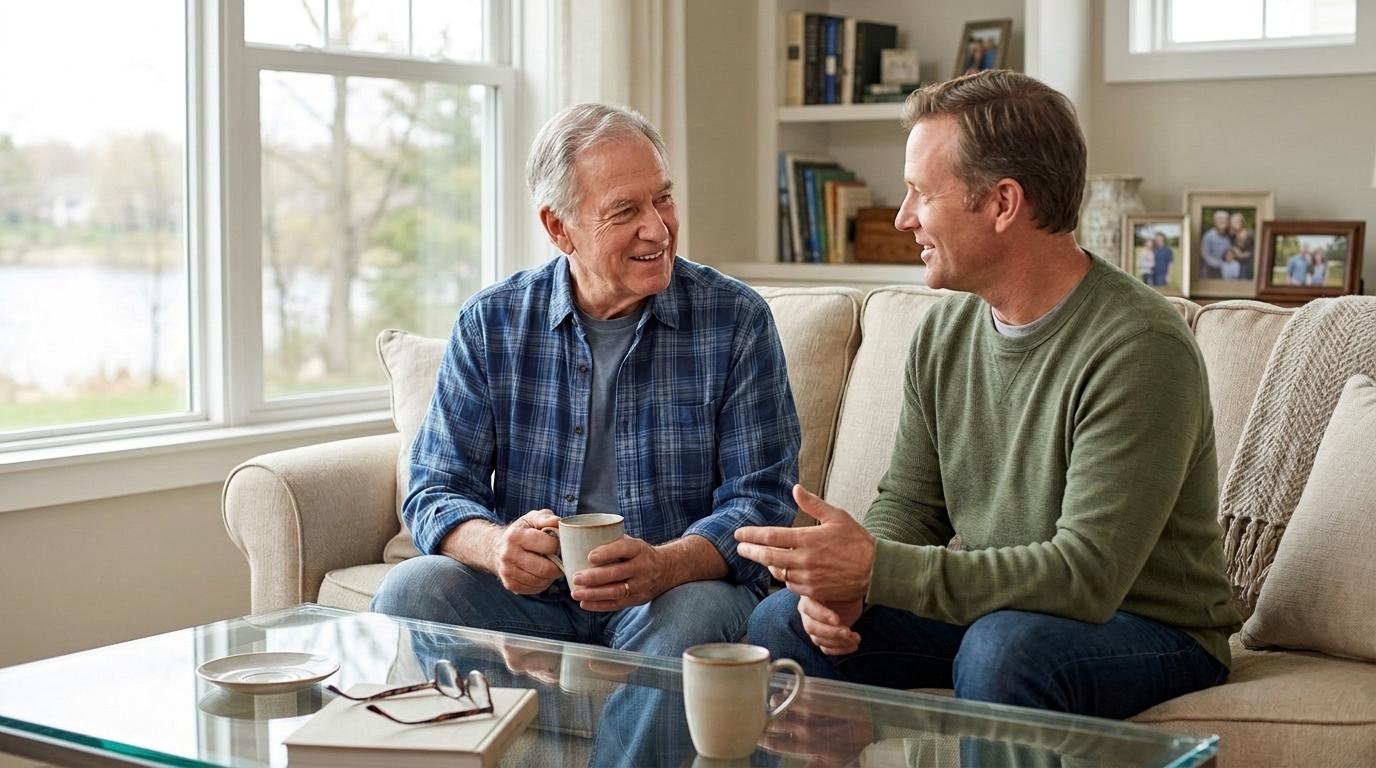 An adult gently speaks with an older person, illustrating a patient, compassionate conversation about senior living options.