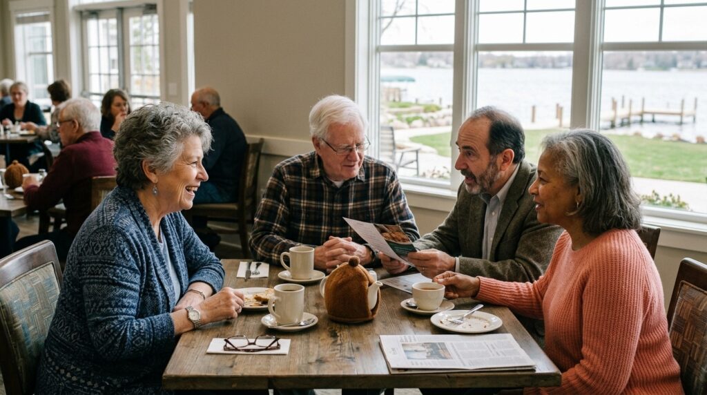 Smiling older adult reviewing a checklist while touring a bright, welcoming assisted living community.