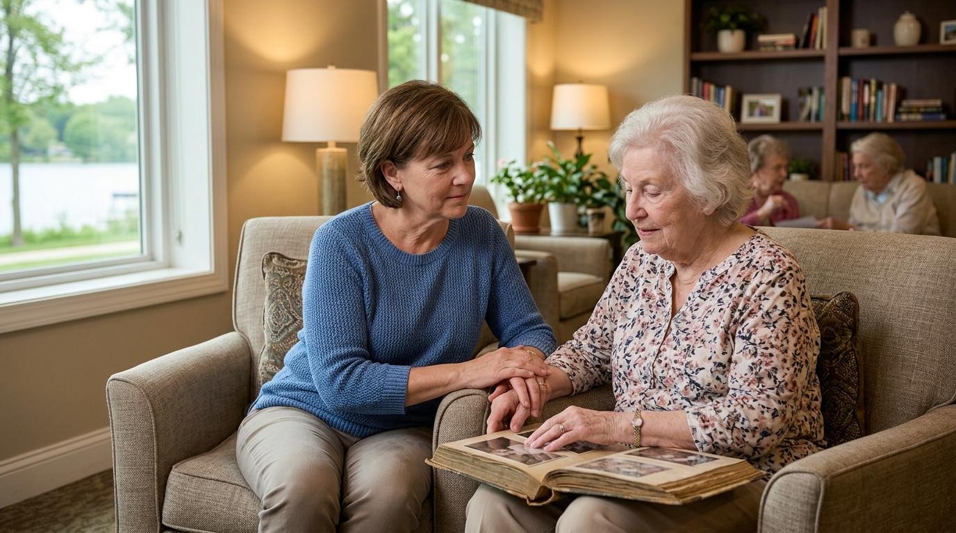 Two women sitting together, depicting dementia care or support