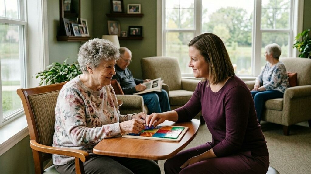 Woman sitting at a table with an older woman,