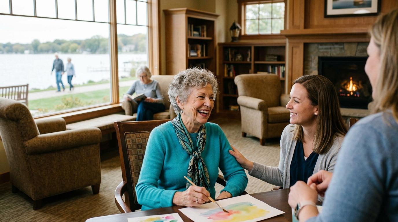 Smiling older adult reviewing a checklist while touring an assisted living community with a caring staff member nearby.